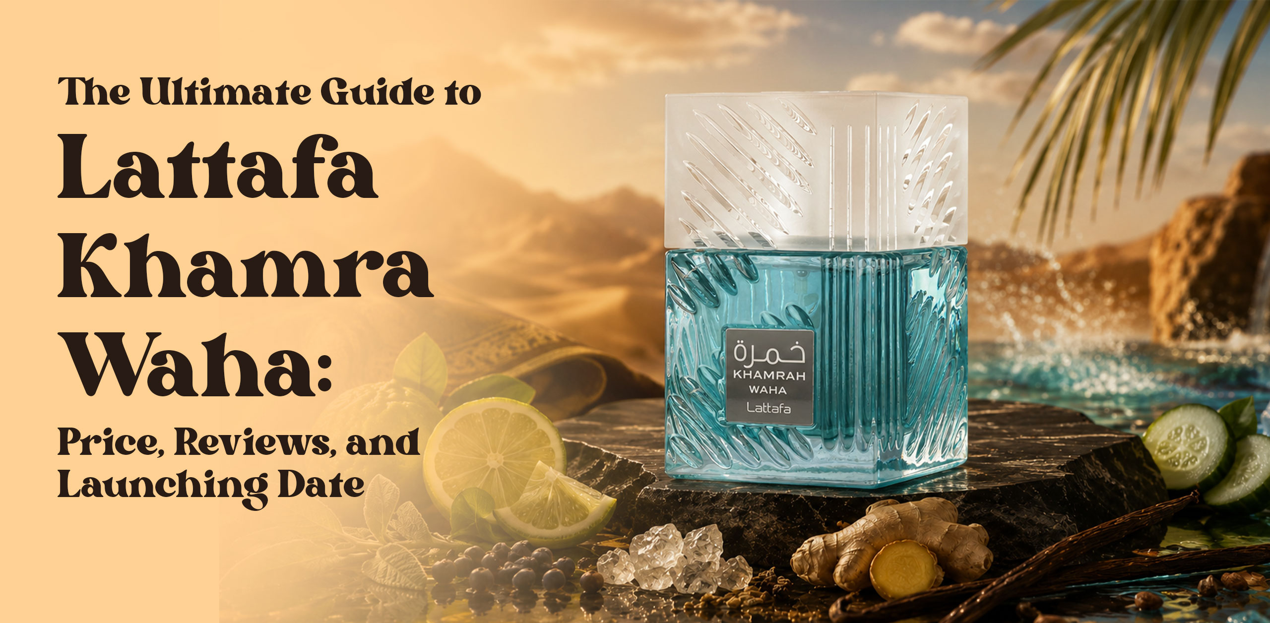 Lattafa Khamrah Waha Eau de Parfum bottle showcasing the latest 2026 fragrance with fresh citrus, aquatic, vanilla, and woody notes.